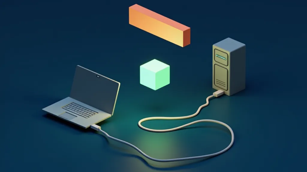 Isometric illustration of a laptop connected by a cable to a server cube, representing setting an API base URL