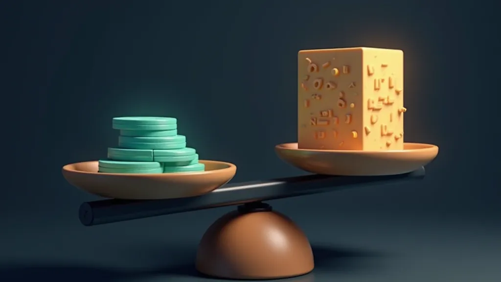 Balance scale weighing coins against token blocks, illustrating an API price comparison